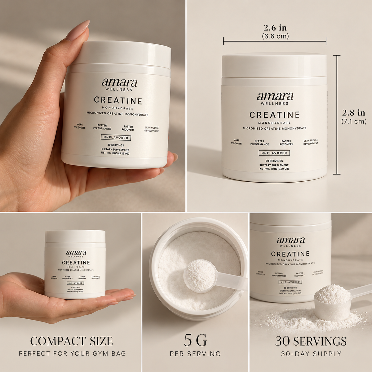 Amara Wellness Creatine Monohydrate | 30-Day Supply 5.29 oz (150 g)
